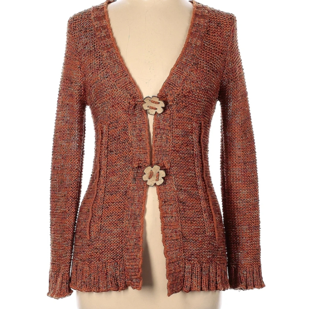 BCBG Maxazria Open Knit Redish Multi-colored Cardigan Sweater M Coconut Buttons